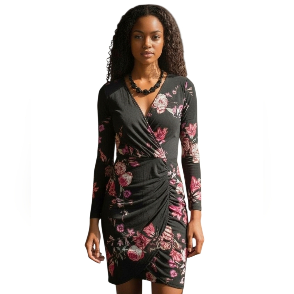 Coquette Ruched Black Mesh Lined Red Floral Crossover Bodice Dress Le Chateau 2X